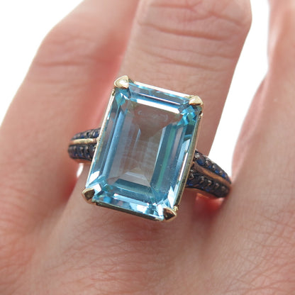 DSMK 925 Sterling Silver Gold Plated Real Blue Topaz & Sapphire Ring Size 7.25