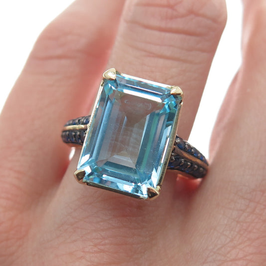DSMK 925 Sterling Silver Gold Plated Real Blue Topaz & Sapphire Ring Size 7.25