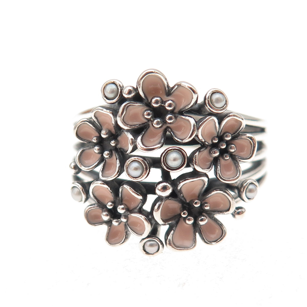 Pandora Sterling Silver Enamel Real Pearl Cherry Blossom Bouquet Ring Size 8.5