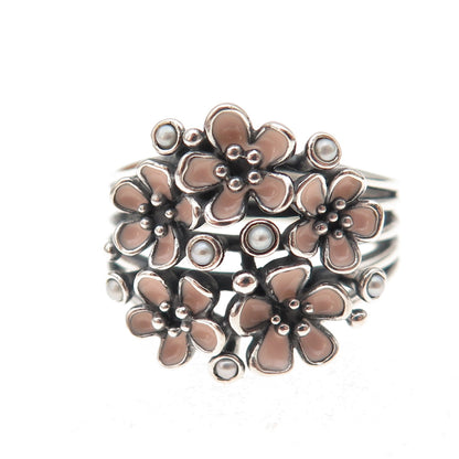 Pandora Sterling Silver Enamel Real Pearl Cherry Blossom Bouquet Ring Size 8.5