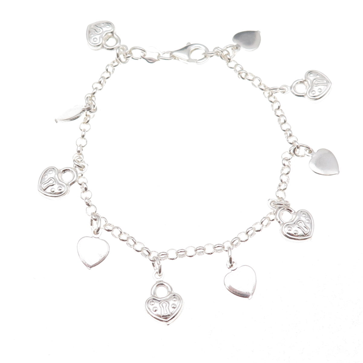 925 Sterling Silver Italy Heart Lock Dangle Charm Rolo Link Bracelet 7"