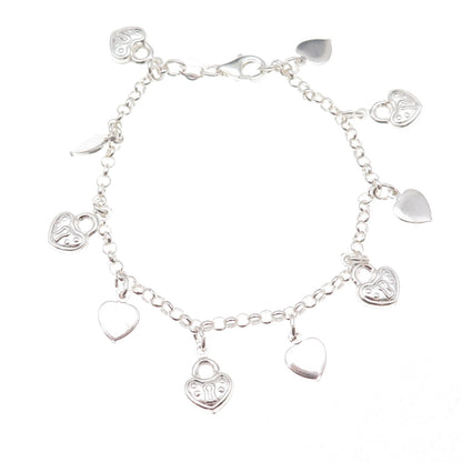 925 Sterling Silver Italy Heart Lock Dangle Charm Rolo Link Bracelet 7"