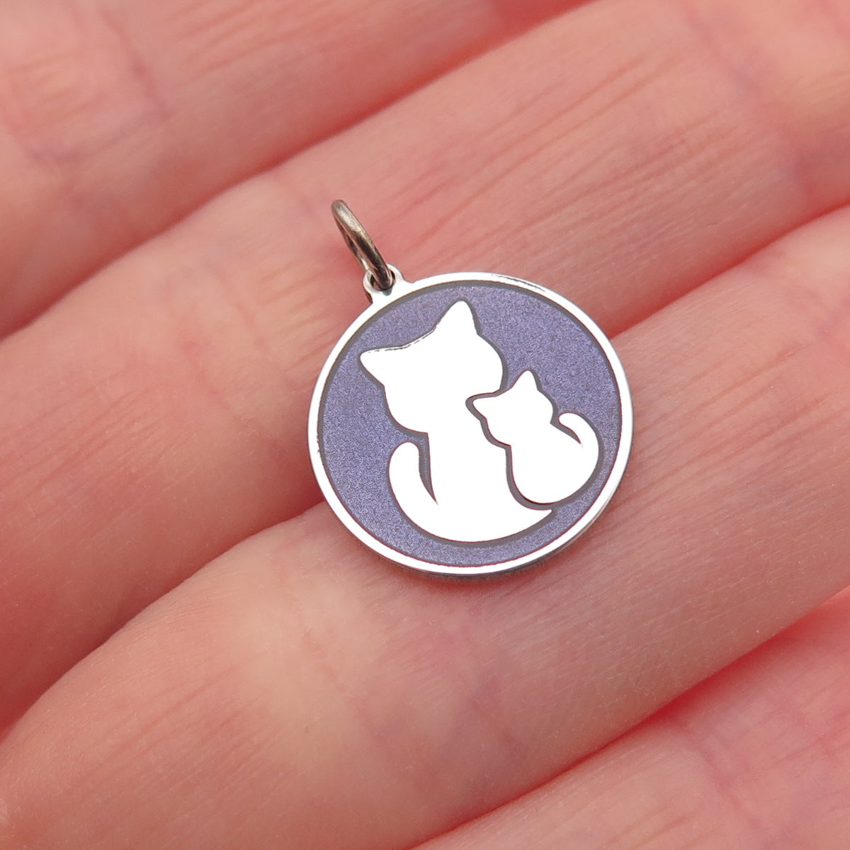 925 Sterling Silver Purple Enamel Mom & Child Cat Round Tag Mini Charm Pendant