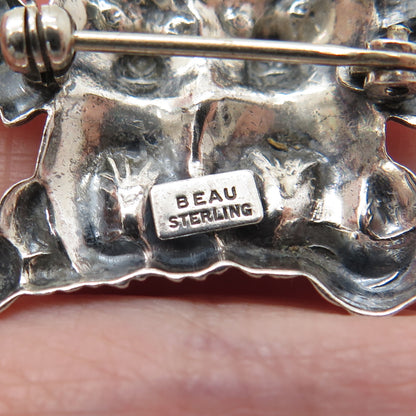 BEAU 925 Sterling Silver Vintage Kitty Cat Couple Oxidized Pin Brooch