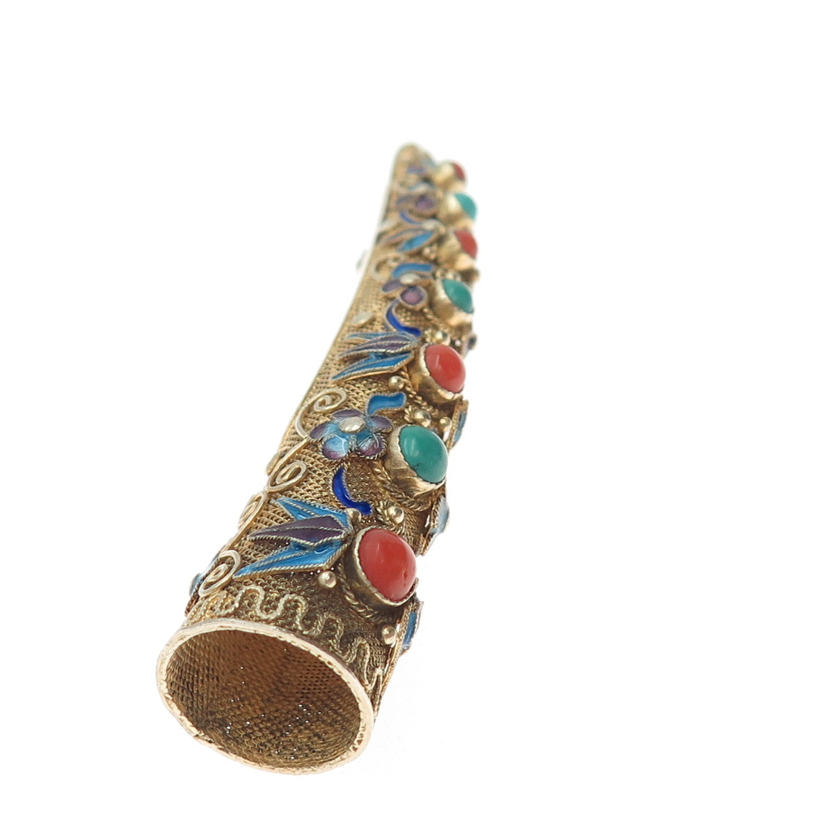 925 Sterling Gold Plated Antique China Turquoise Coral Finger Nail Guard Brooch