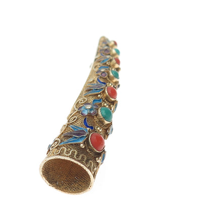 925 Sterling Gold Plated Antique China Turquoise Coral Finger Nail Guard Brooch