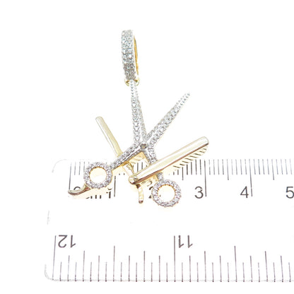925 Sterling Silver Gold Plated Round-Cut C Z Scissors & Razor Barber Pendant