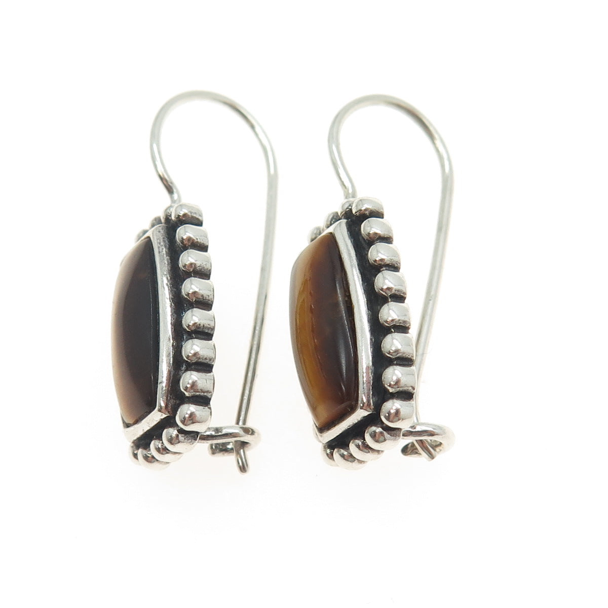 925 Sterling Silver Vintage Real Tiger Eye Beaded Earrings