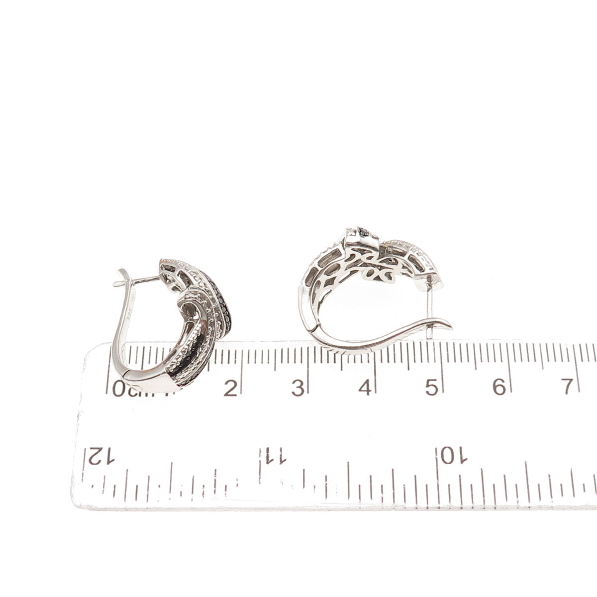 925 Sterling Silver Real Round-Cut Black & White Diamond Hoop Earrings