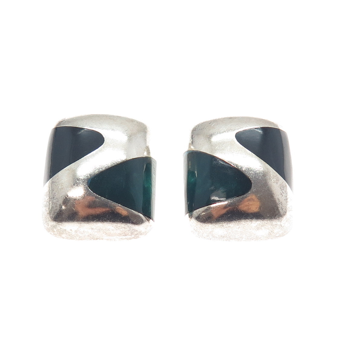 925 Sterling Silver Vintage Mexico Green & Black Onyx Modernist Clip On Earrings