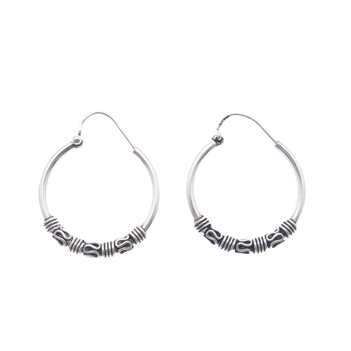 925 Sterling Silver Vintage Modernist Swirl Oxidized Hoop Earrings