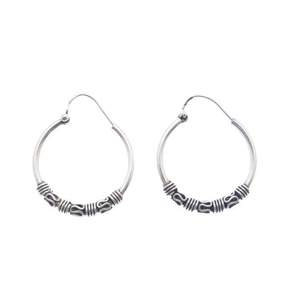 925 Sterling Silver Vintage Modernist Swirl Oxidized Hoop Earrings
