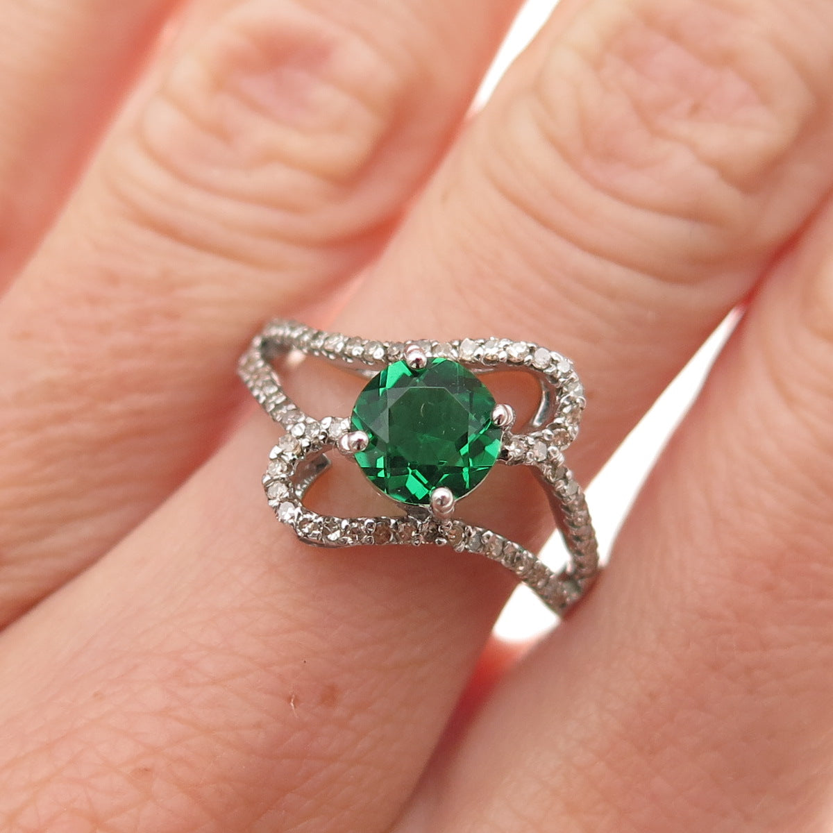 925 Sterling Silver Real Diamond & Chrome Diopside Bypass Ring Size 7.5