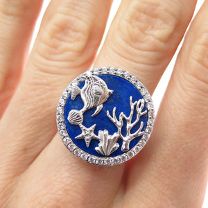 HAN 925 Sterling Silver Enamel Round-Cut C Z Sea Life Ring Size 7.25