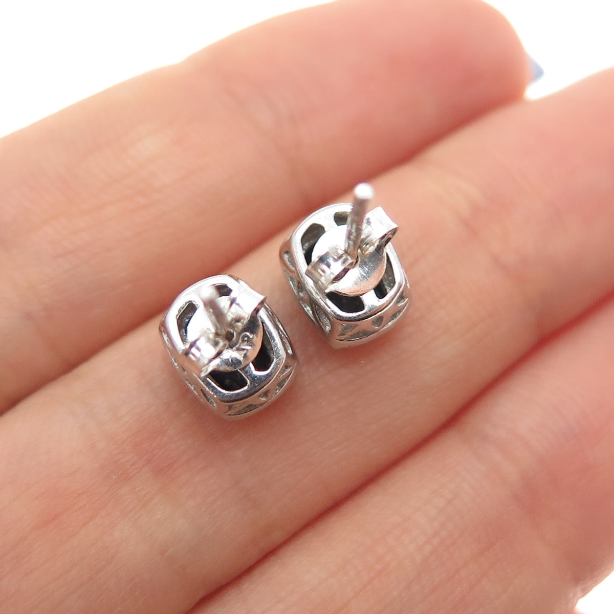 925 Sterling Silver Real Radiant-Cut Hematite Stud Earrings