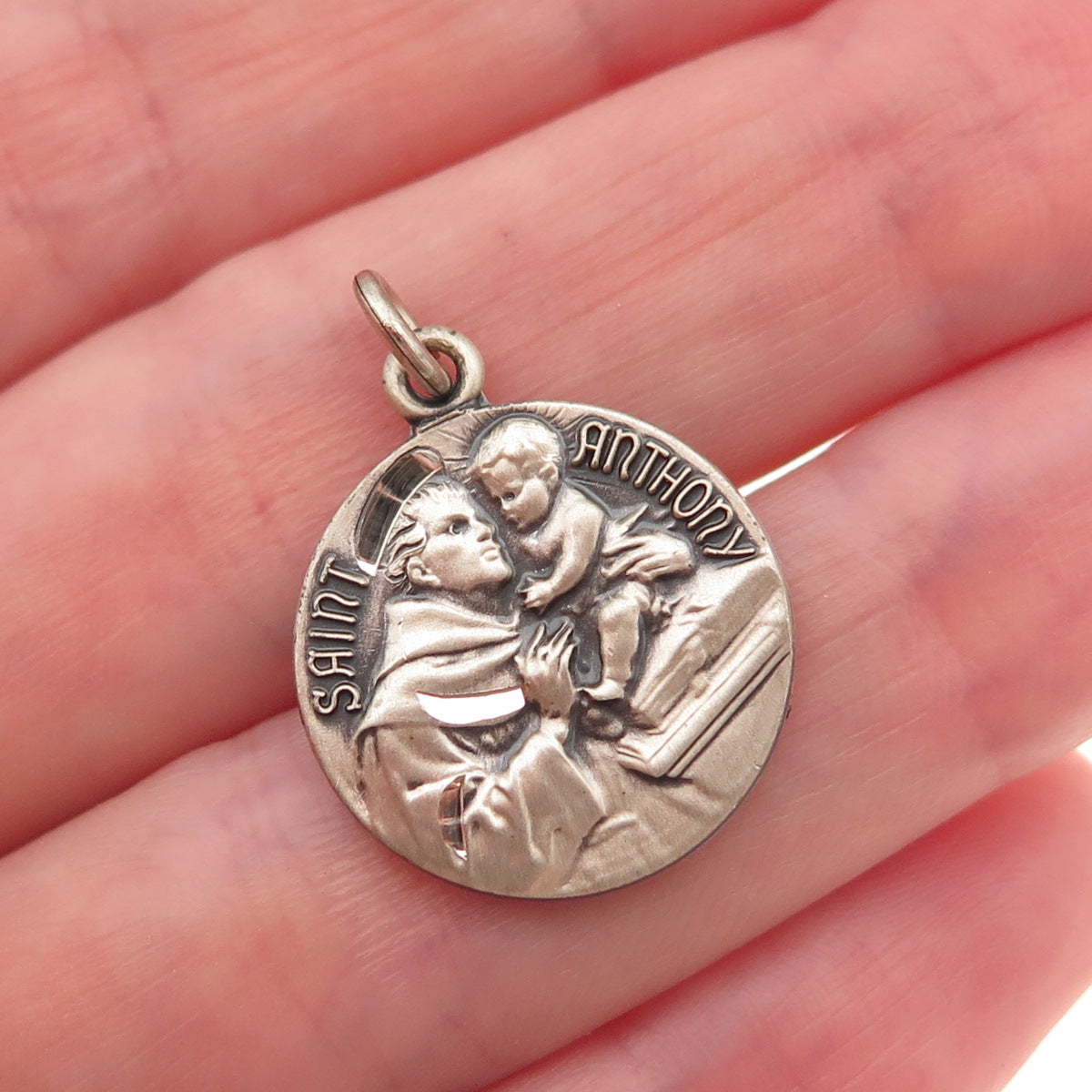 925 Sterling Silver Vintage St. Anthony Religious Medal Oxidized Charm Pendant