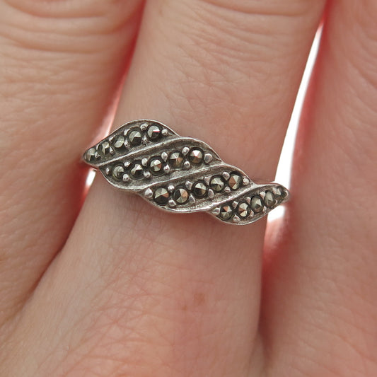 925 Sterling Silver Vintage Real Marcasite Modernist Oxidized Ring Size 7.25