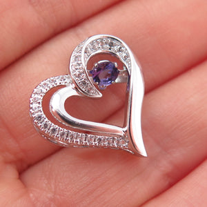 925 Sterling Silver Real White Topaz & Amethyst Heart Mini Slide Charm Pendant