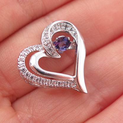 925 Sterling Silver Real White Topaz & Amethyst Heart Mini Slide Charm Pendant