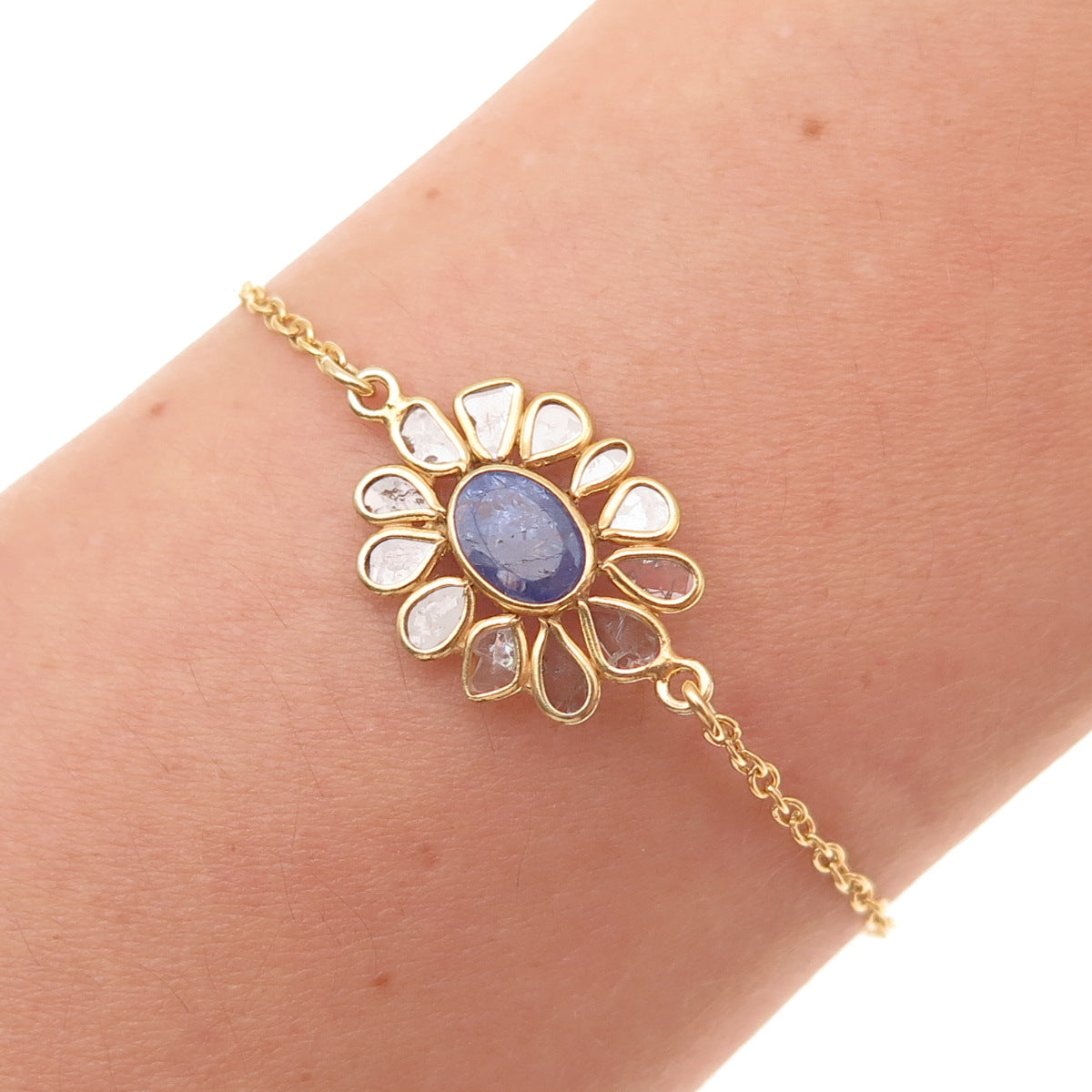 925 Sterling Silver Gold Plated Real Rose-Cut Diamond & Tanzanite Bracelet 7-8"