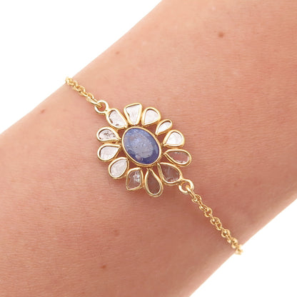 925 Sterling Silver Gold Plated Real Rose-Cut Diamond & Tanzanite Bracelet 7-8"