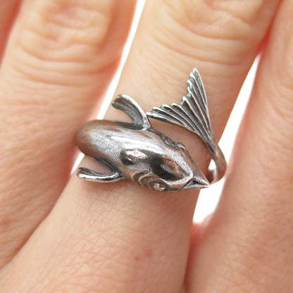 925 Sterling Silver Vintage Dolphin Oxidized Adjustable Ring Size 6.75