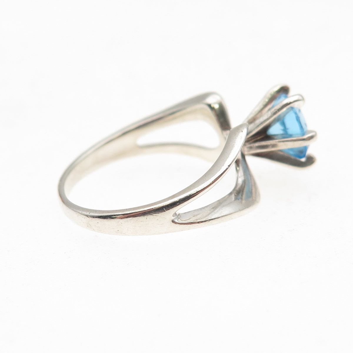 925 Sterling Silver Vintage Real Round-Cut Blue Topaz Modernist Ring Size 7