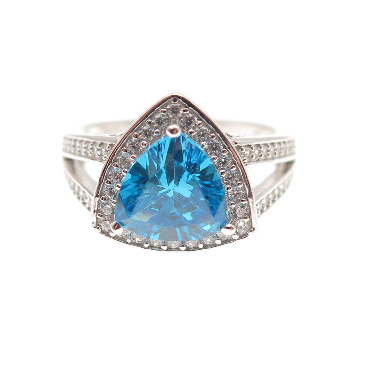 925 Sterling Silver Triangle-Cut Blue & Round-Cut White C Z Ring Size 6