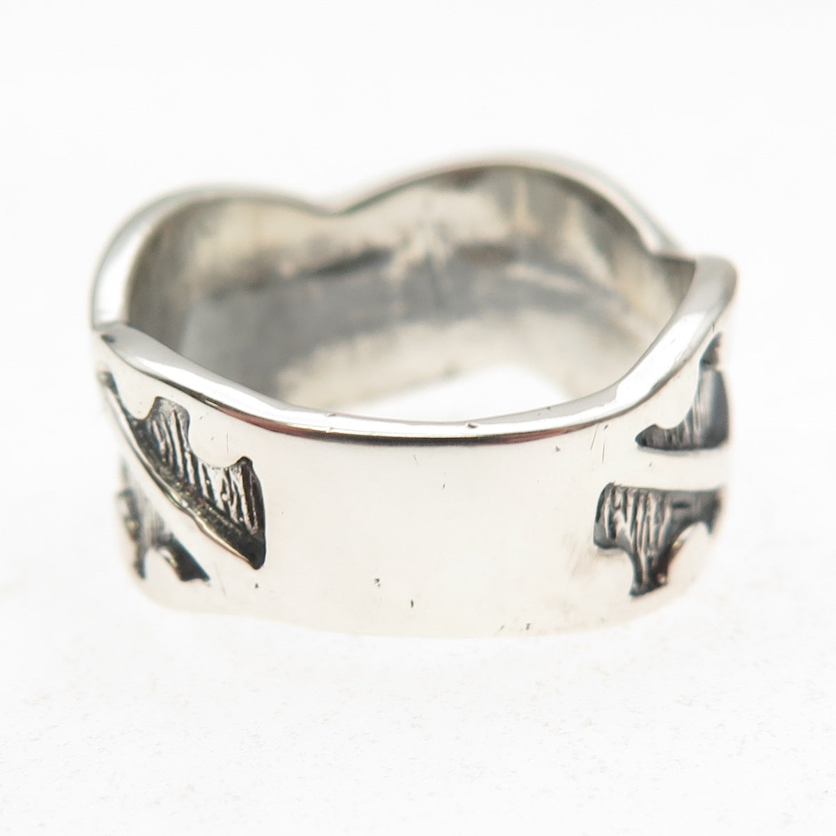 925 Sterling Silver Vintage Modernist Zig Zag Oxidized Band Ring Size 10.25