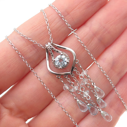 925 Sterling Silver Real Blue Topaz Tassel Cable Chain Necklace 18"