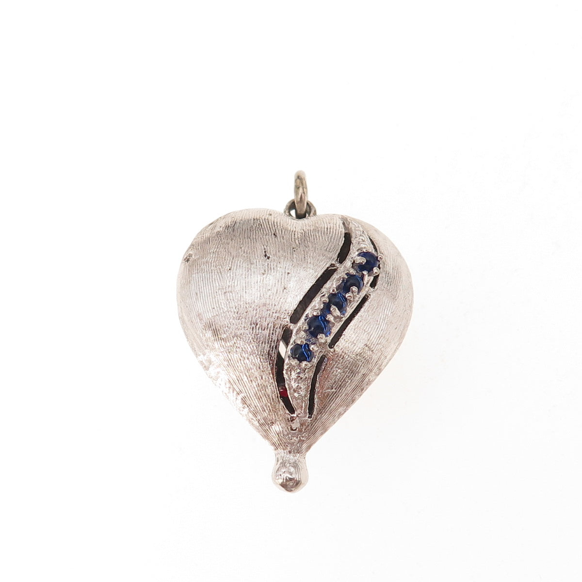 925 Sterling Silver Vintage Red & Blue Rhinestone Heart Puffy Oxidized Pendant