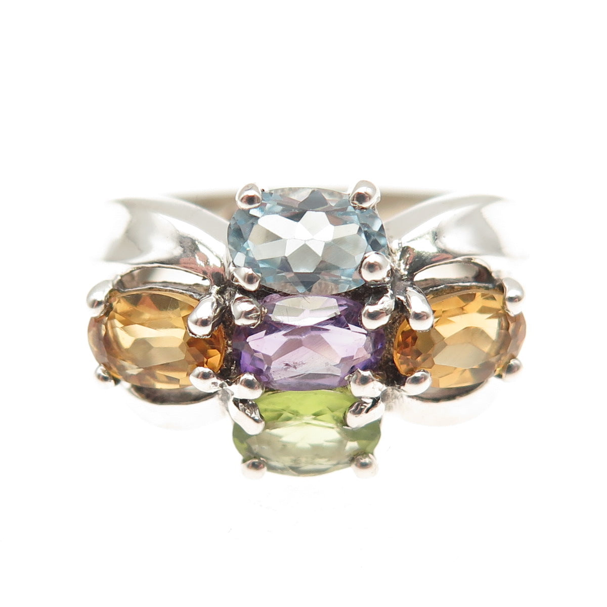 925 Sterling Silver Vintage Real Blue Topaz Amethyst Peridot Citrine Ring Size 6