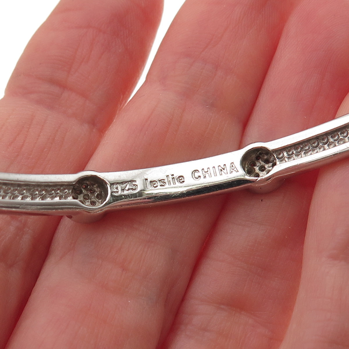 Leslie 925 Sterling Silver Real Round-Cut Diamond Station Bangle Bracelet 8.25"