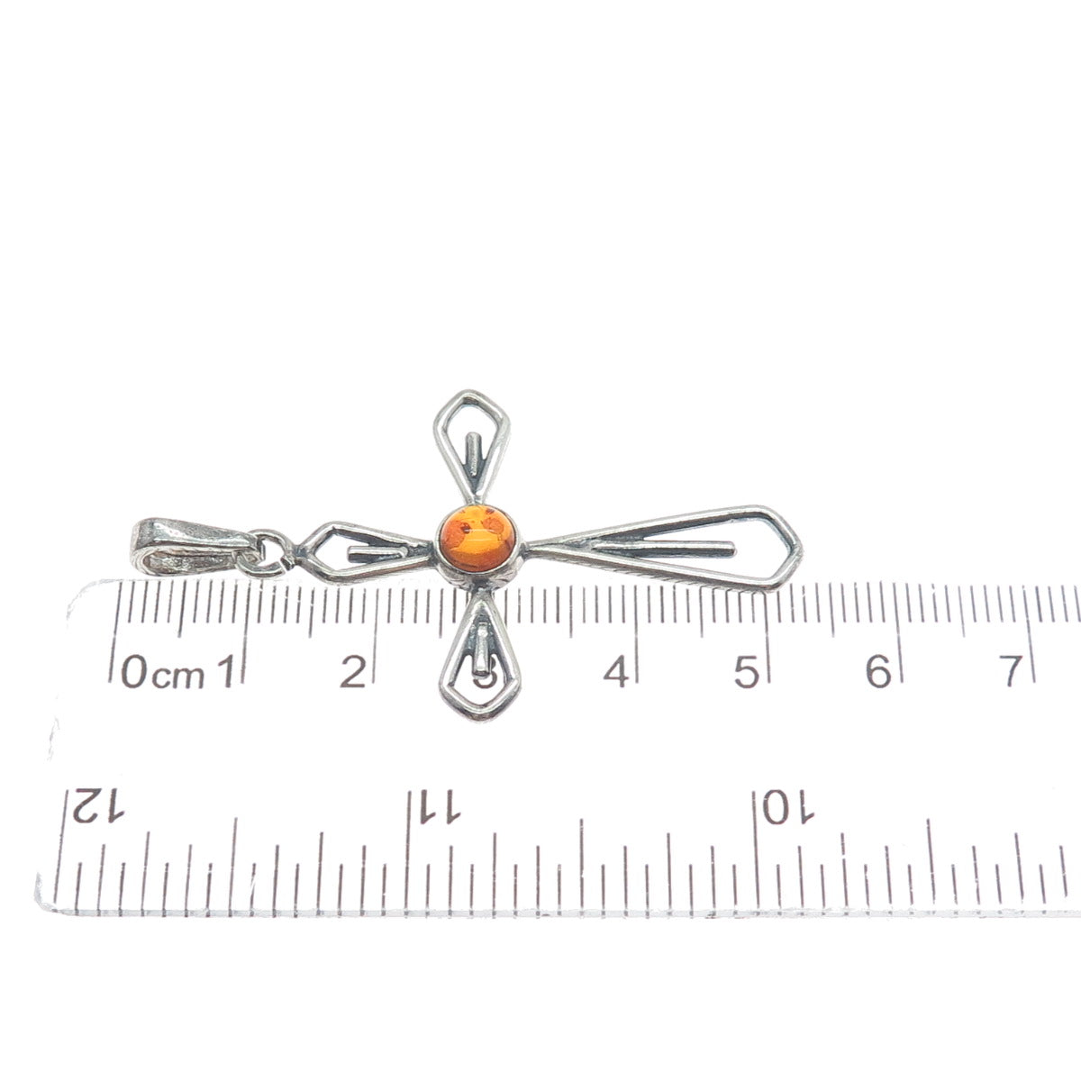 925 Sterling Silver Vintage Real Amber Cross Oxidized Charm Pendant