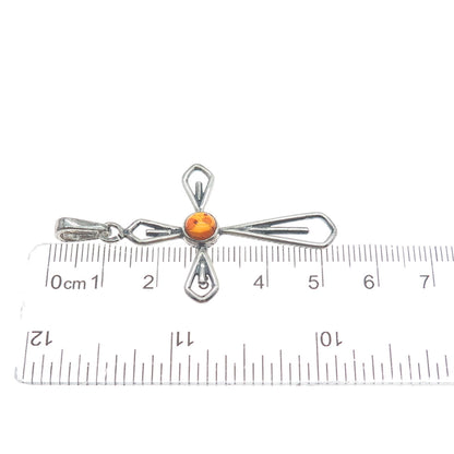 925 Sterling Silver Vintage Real Amber Cross Oxidized Charm Pendant