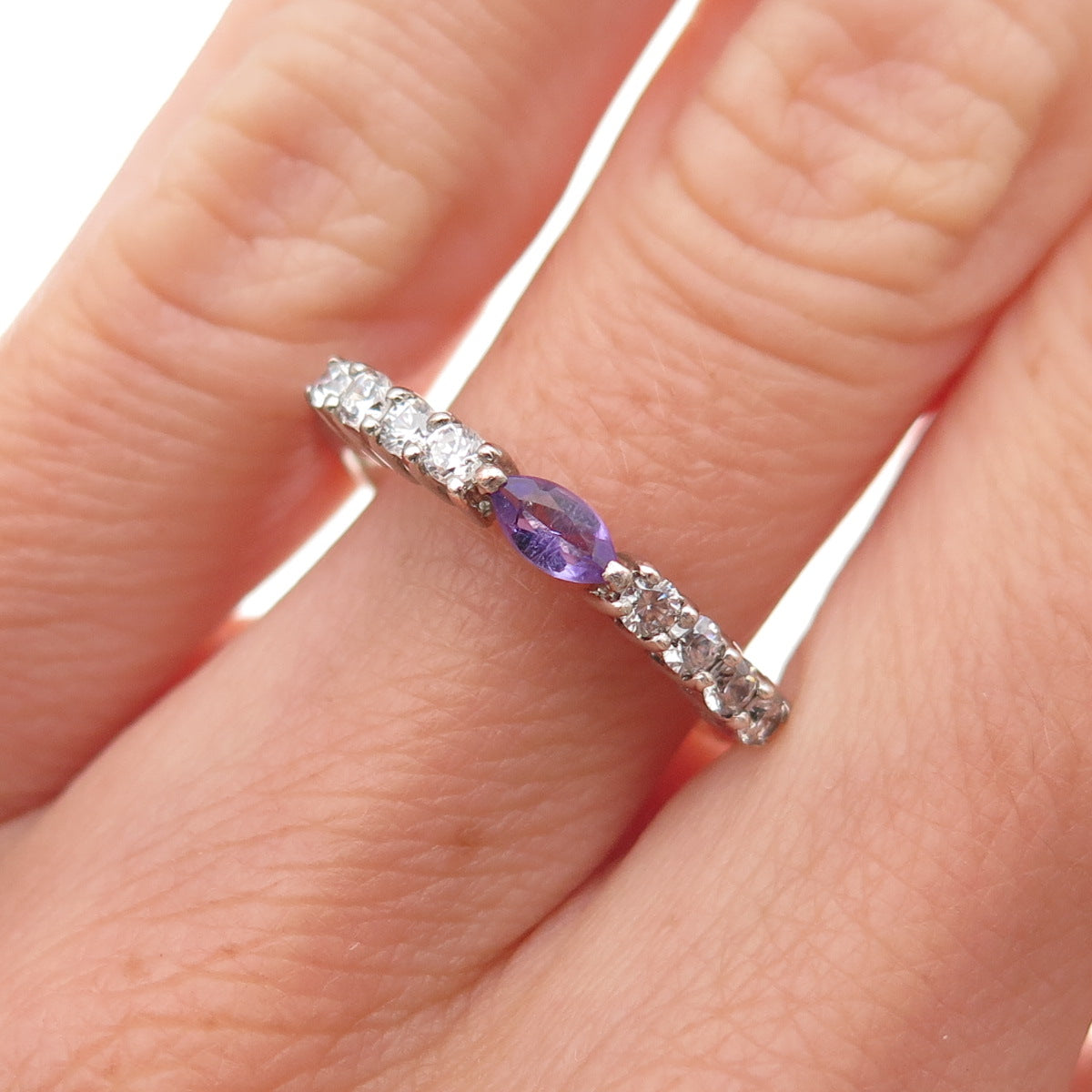 925 Sterling Silver Real Amethyst & C Z Stackable Ring Size 6