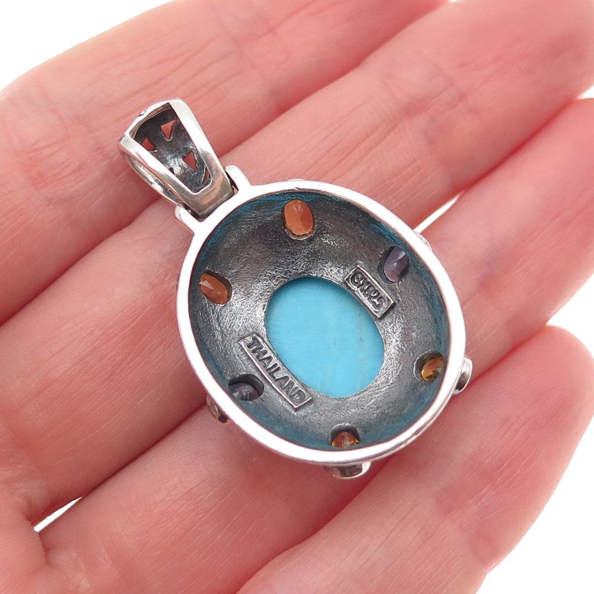 SX Sally C 925 Sterling Vintage Real Turquoise Blue & Yellow Sapphire Pendant