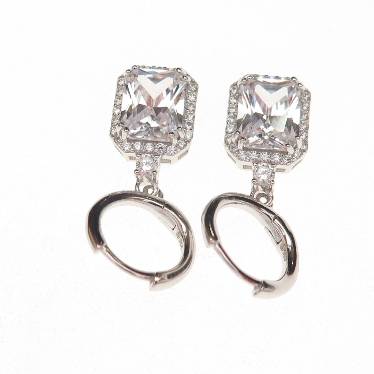 925 Sterling Silver Radiant & Round-Cut C Z Dangle Charm Hoop Earrings