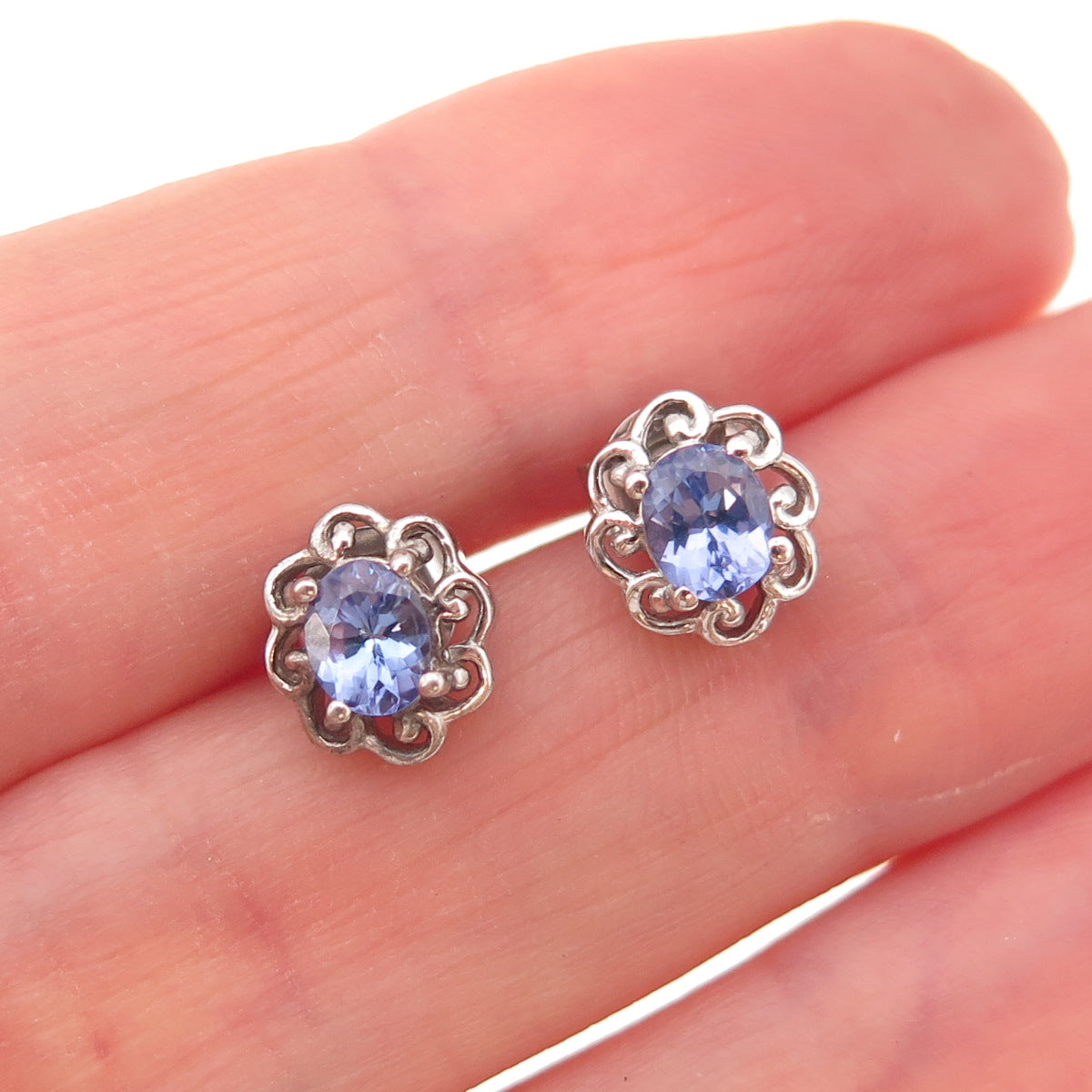 Chuck Clemency 925 Sterling Silver Real Oval-Cut Tanzanite Flower Stud Earrings