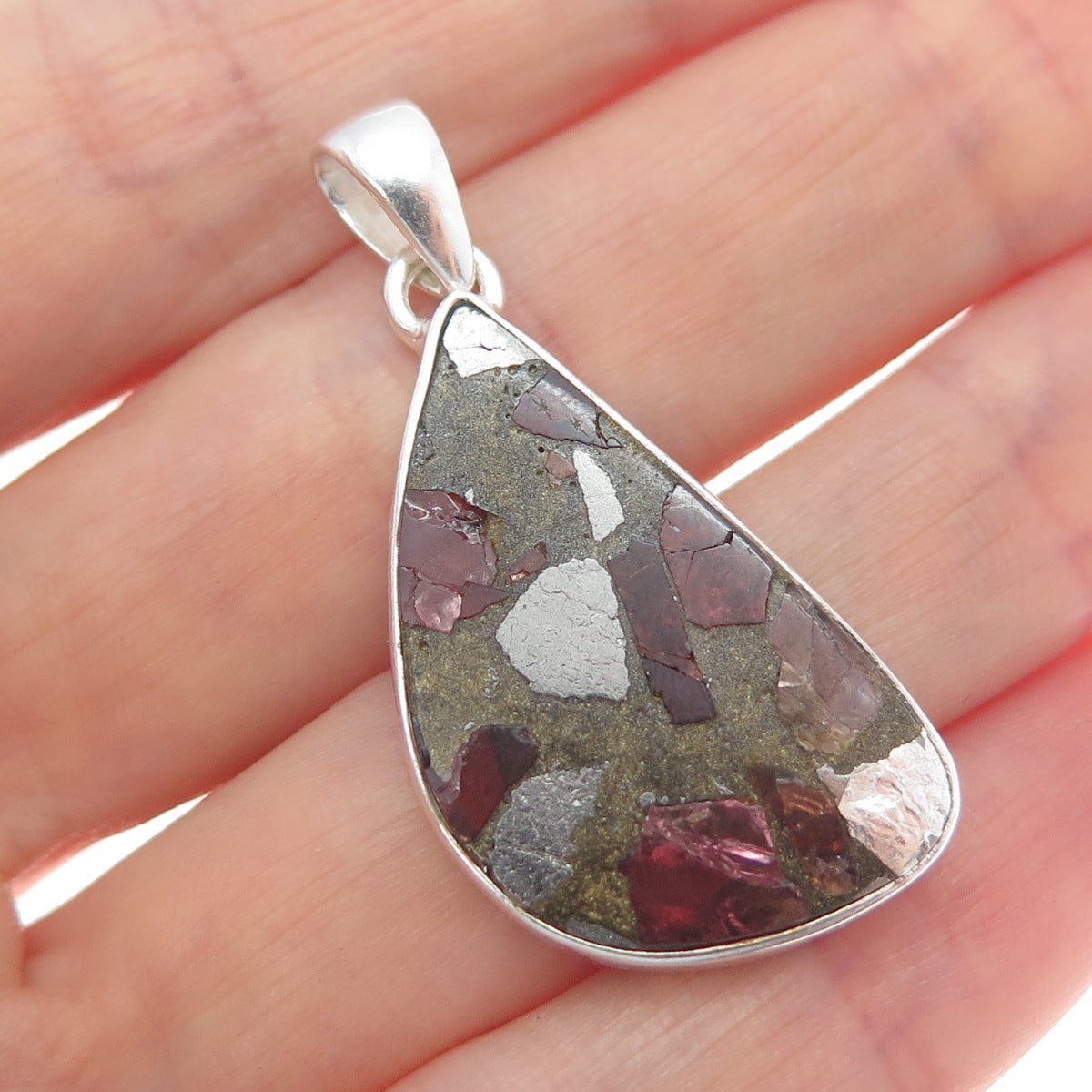 925 Sterling Vintage Real Pyrite Tourmaline & Red Garnet Inlay Modernist Pendant