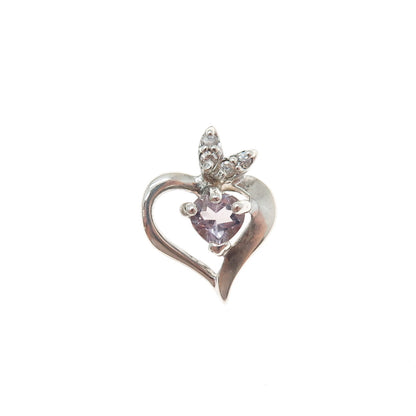 925 Sterling Silver Vintage Real Amethyst & C Z Heart Minimalist Slide Pendant
