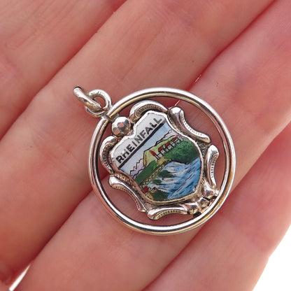 925 Sterling Silver Antique Art Deco Enamel Rhine Falls Switzerland Pendant