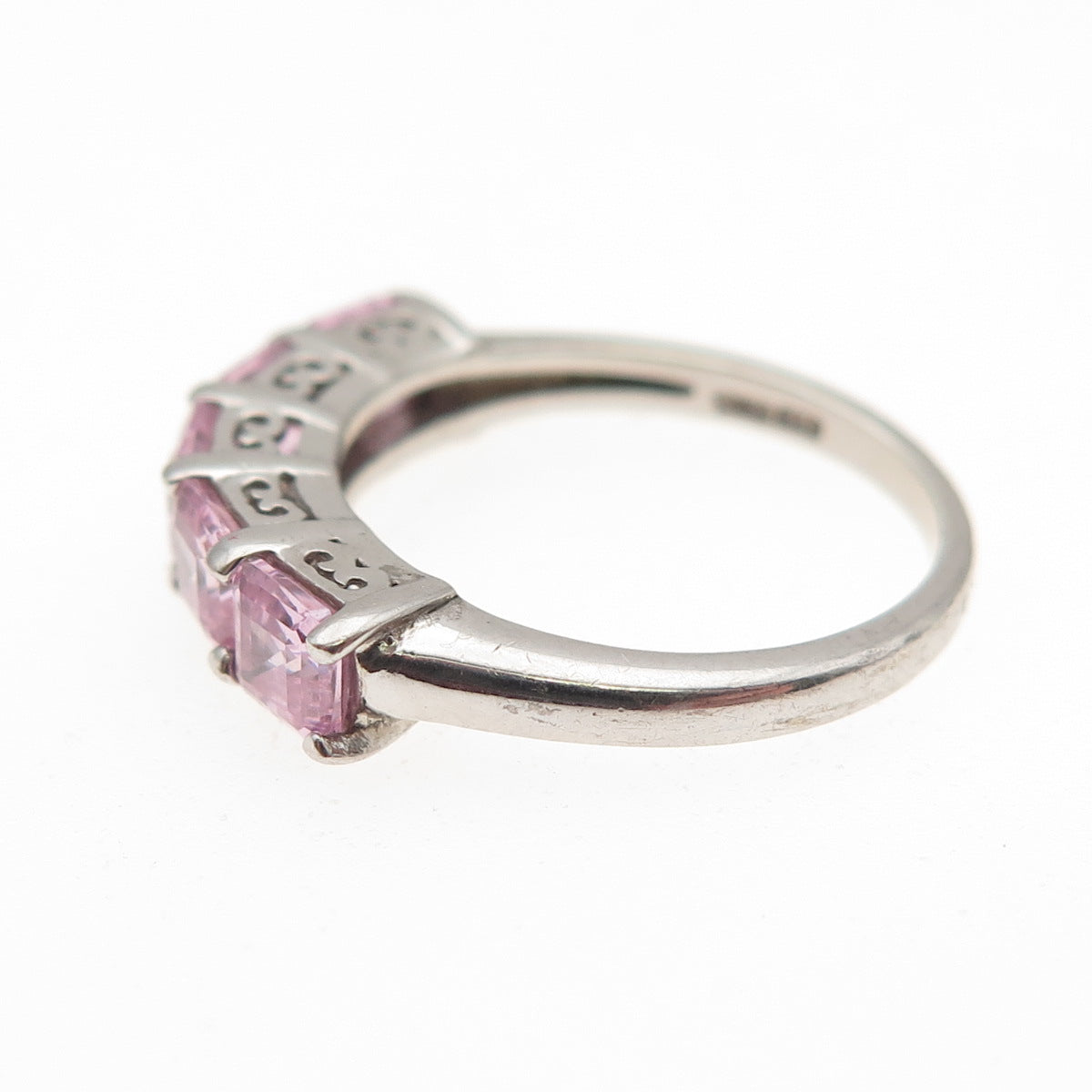 925 Sterling Silver Asscher-Cut Pink C Z Half Eternity Band Ring Size 5