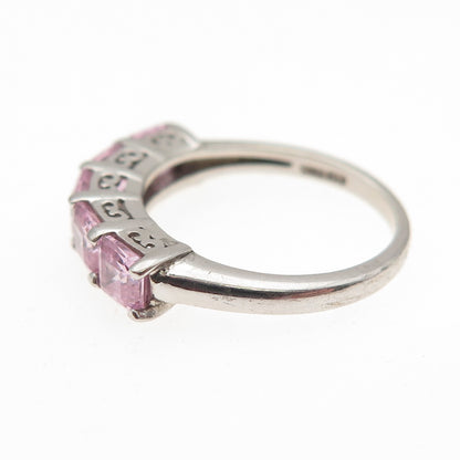 925 Sterling Silver Asscher-Cut Pink C Z Half Eternity Band Ring Size 5