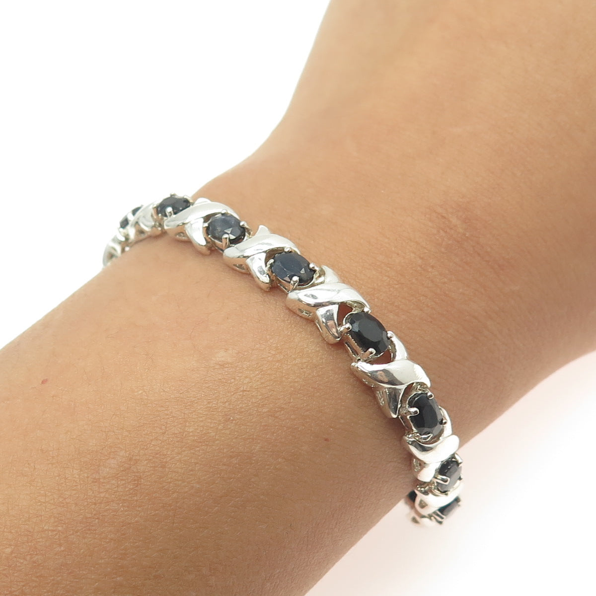 925 Sterling Silver Real Sapphire "X" Link Bracelet 7.25"