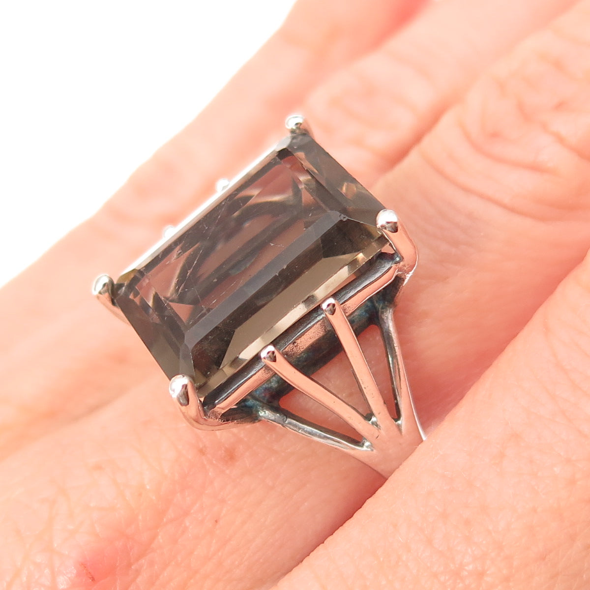 925 Sterling Silver Vintage Real Emerald-Cut Smoky Quartz Ring Size 8