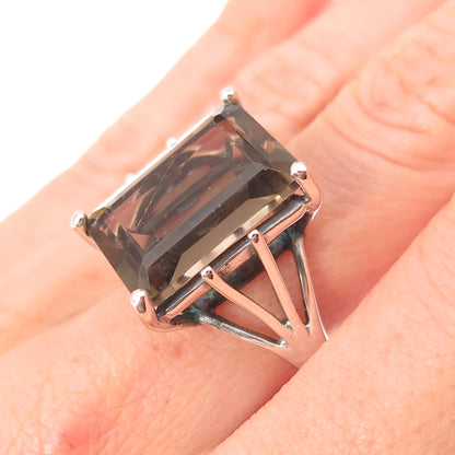 925 Sterling Silver Vintage Real Emerald-Cut Smoky Quartz Ring Size 8