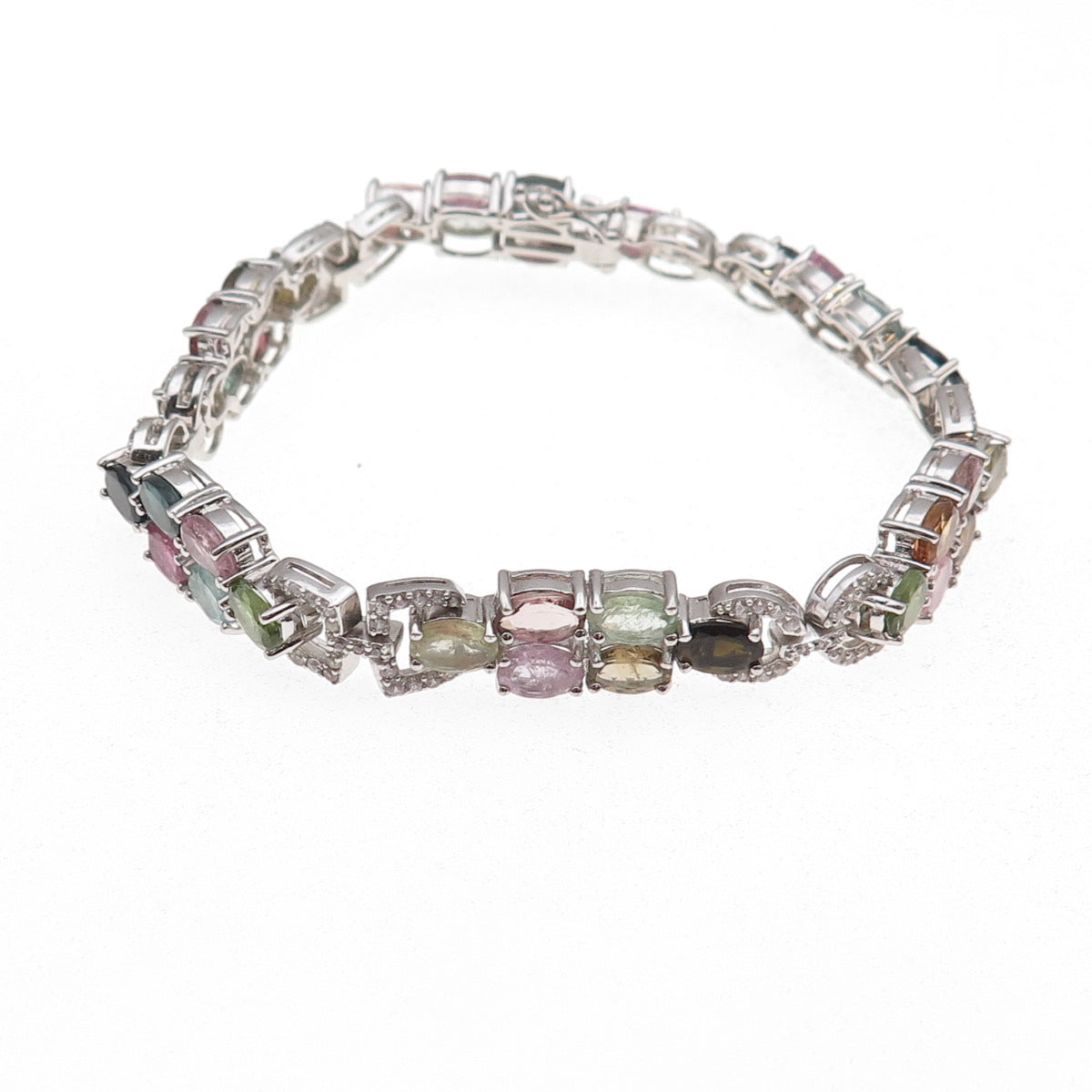 925 Sterling Silver Real Multi-Color Tourmaline & White Topaz Bracelet 7.25"