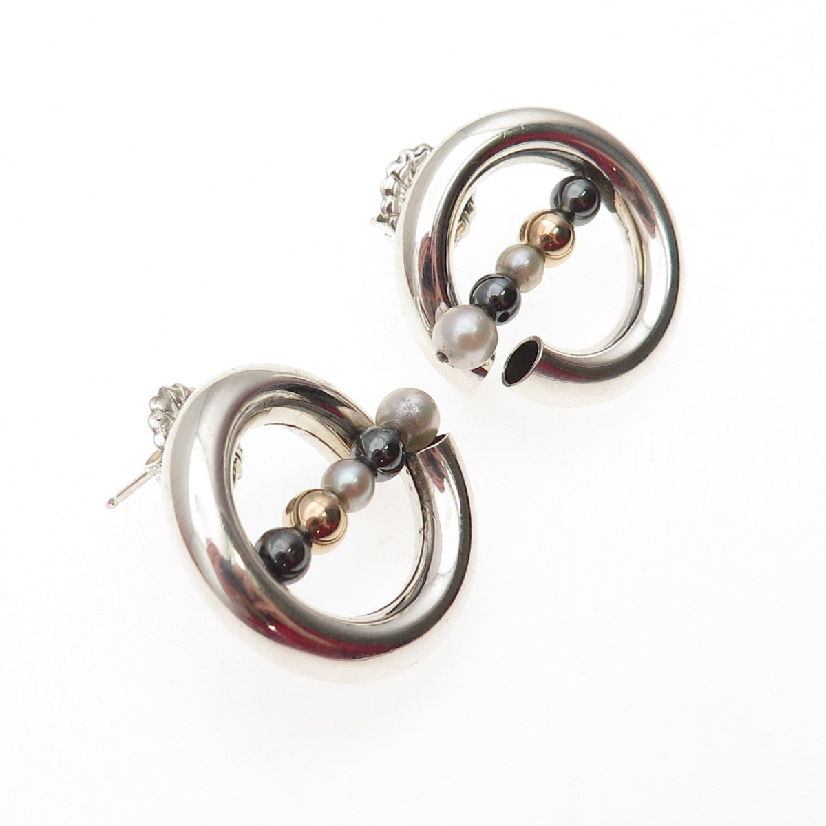 Hiroko Yamada 925 Sterling 2-Tone Vintage Real Pearl Hematite Modernist Earrings
