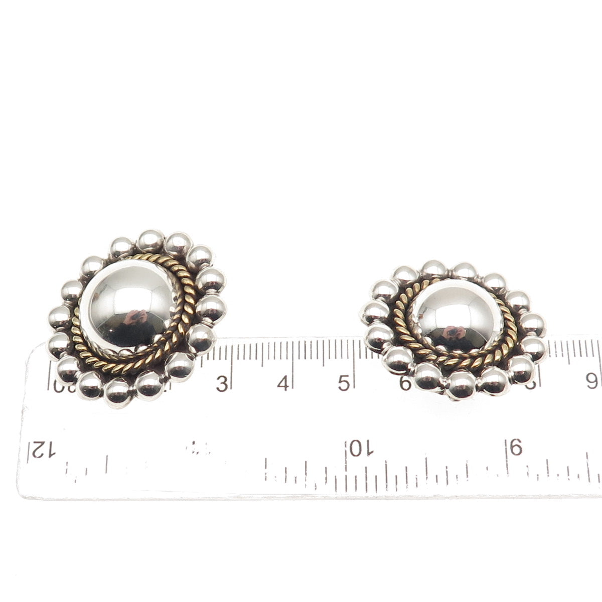 925 Sterling Silver 2-Tone Vintage Mexico Sun Beaded Oxidized Clip On Earrings